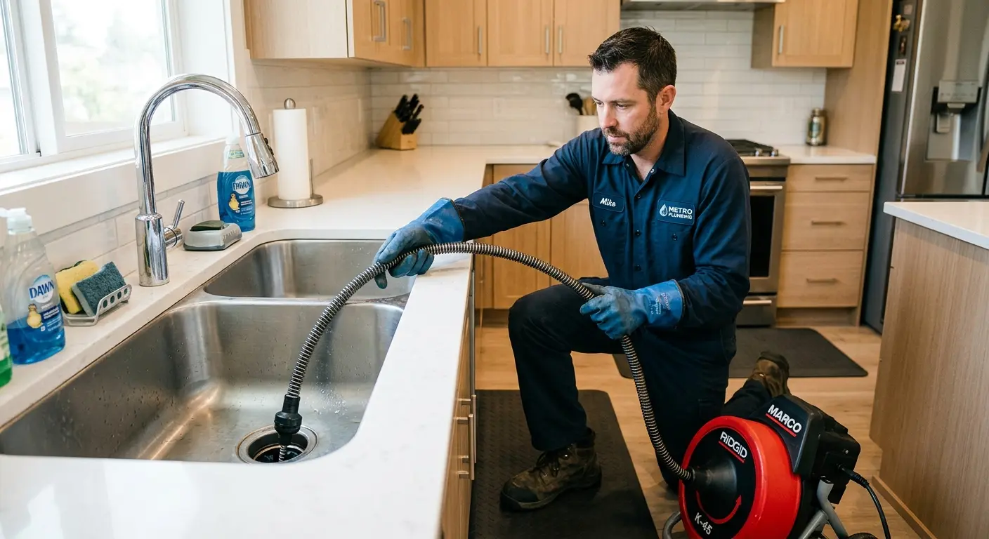 Drain cleaning technician using a motorized snake on a kitchen sink in West Point