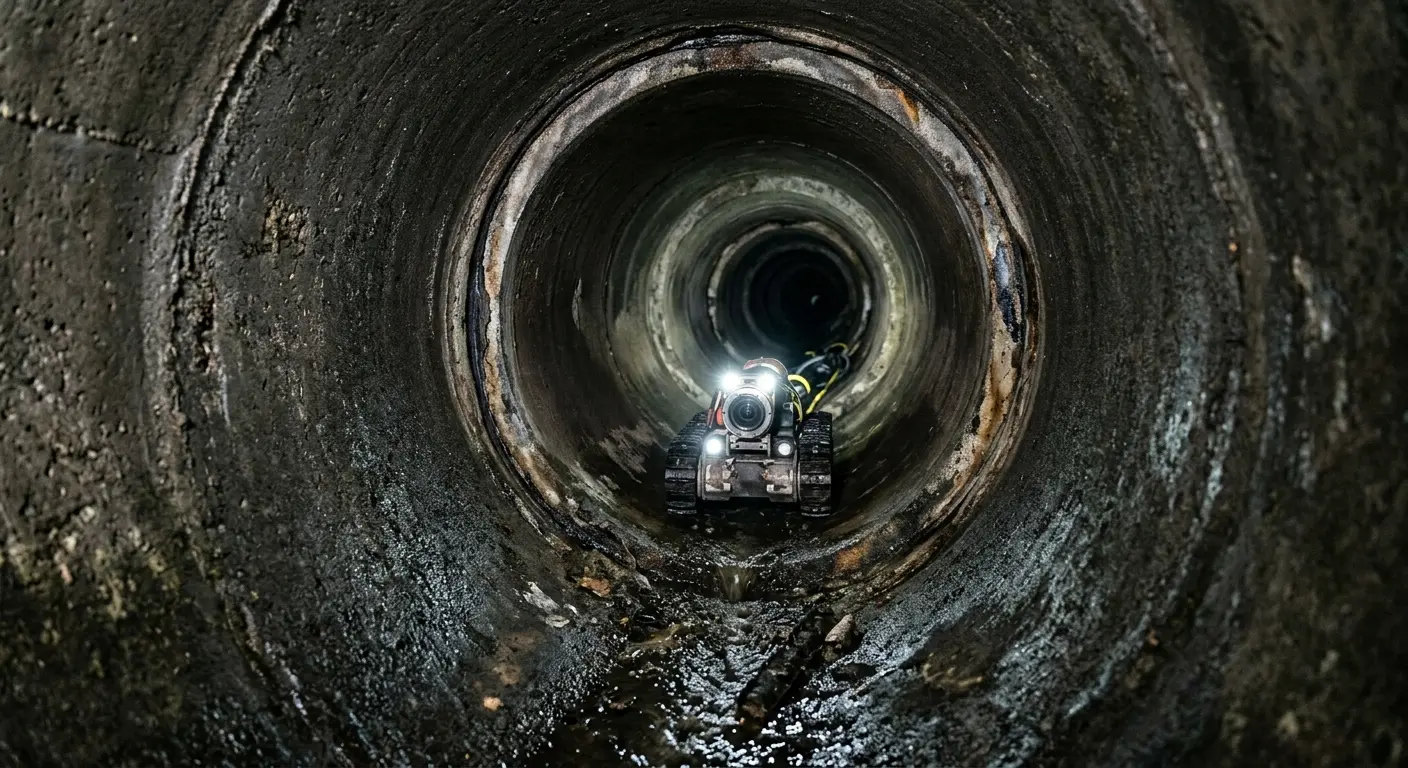 Robotic sewer camera inspecting pipe interior for Drain Snake Service in West Point