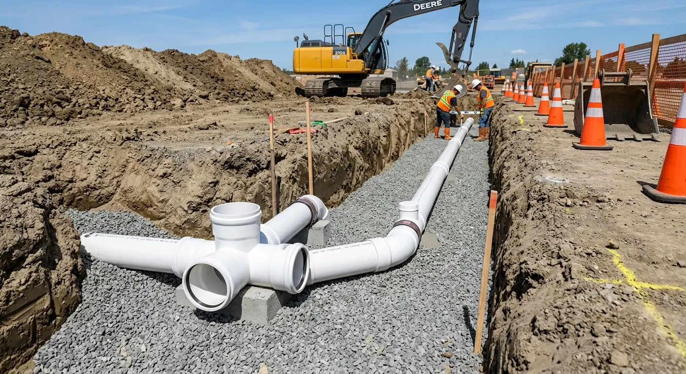 New PVC sewer pipe installation in open trench for Sewer Backup in West Point